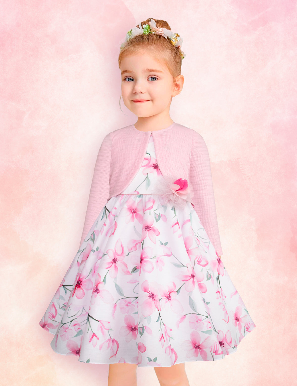 Vestido Floral Rosa con Torera Rosa para Niñas de 4 a 10 Años -