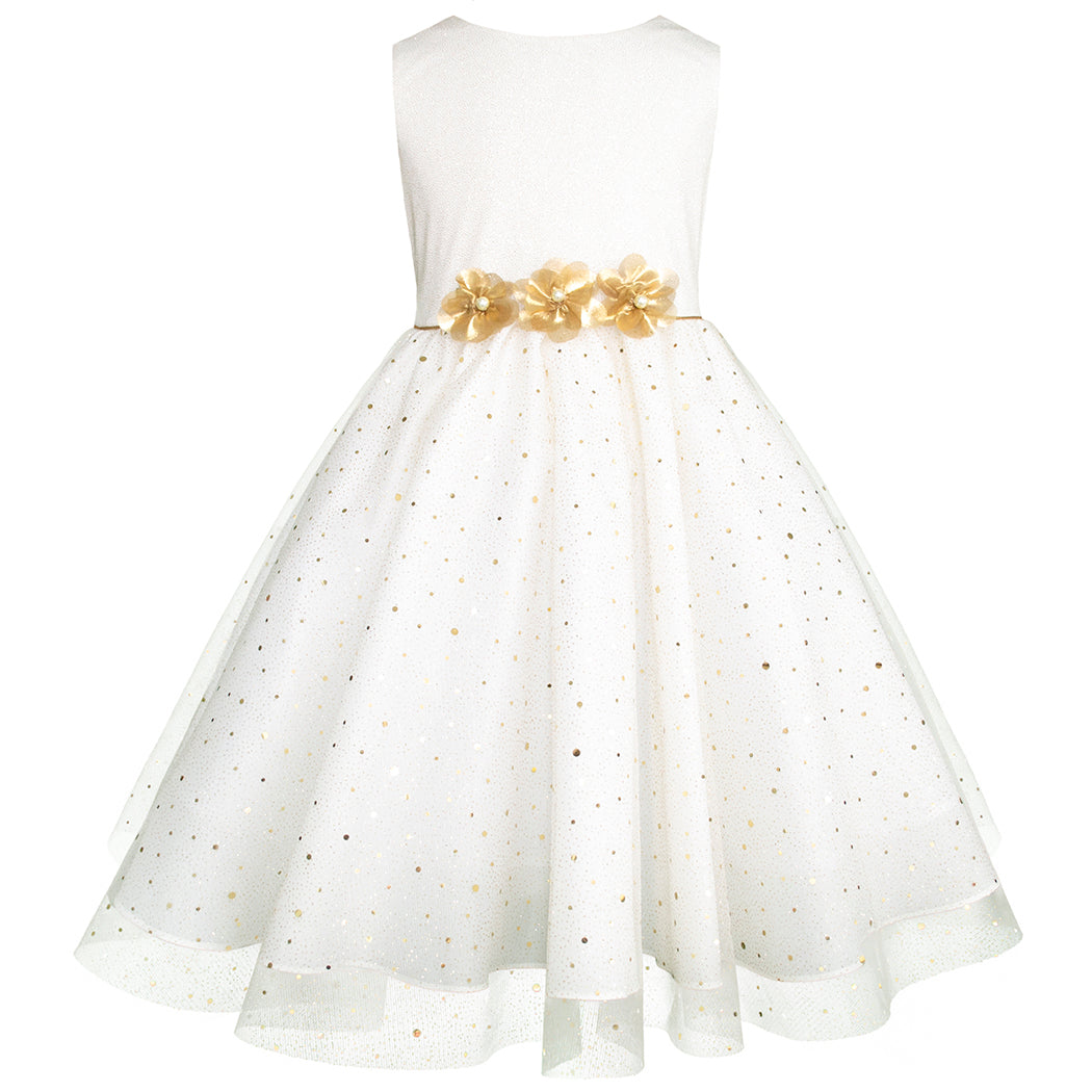 Vestido de Fiesta Blanco con Brillos Dorados y Flores para Niñas 3 a 8 Años - Gerat