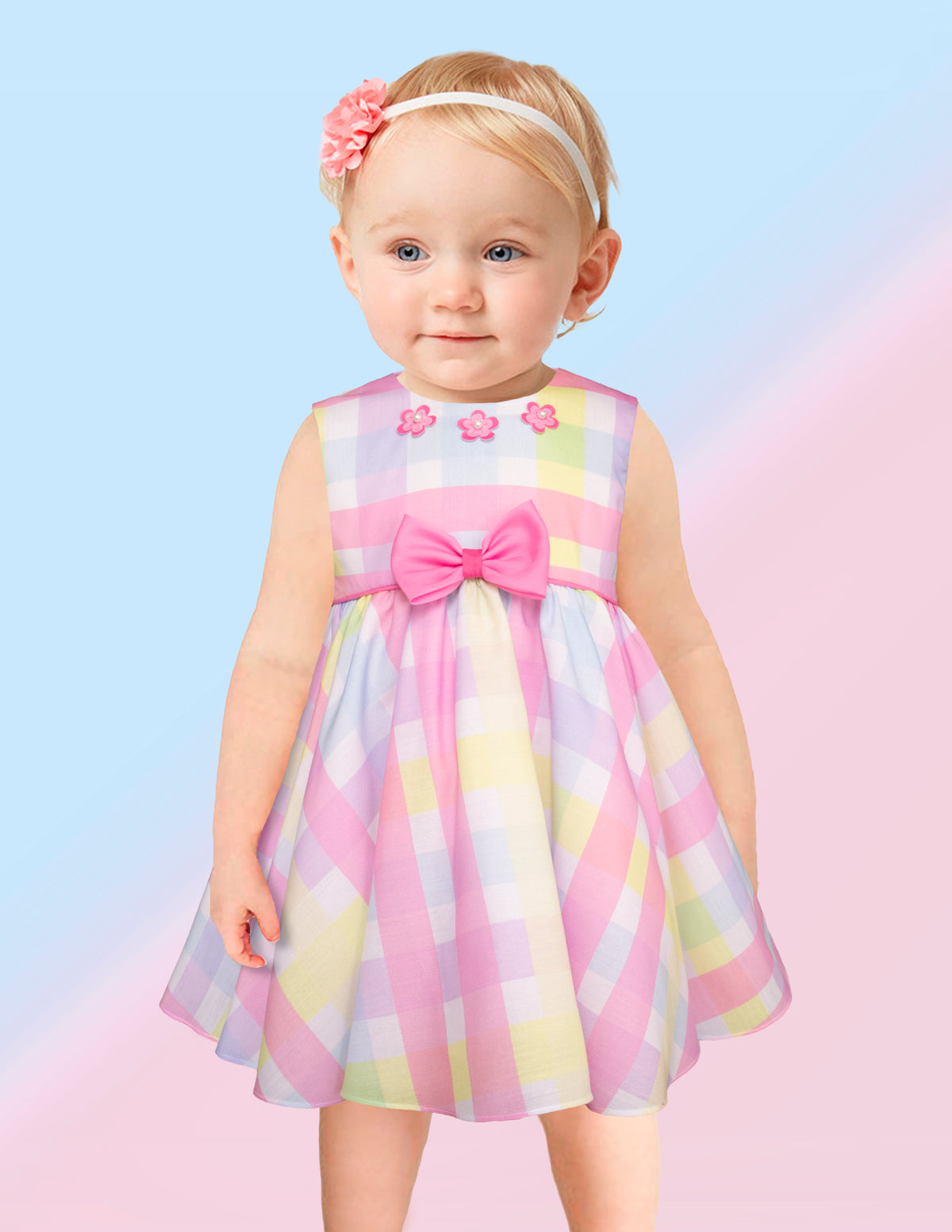 Vestido a Cuadros Pastel para Bebé 12-18 Meses con Moño | Gerat