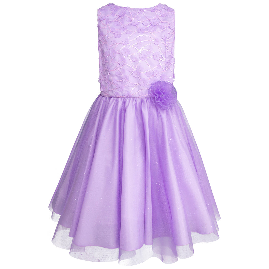 Vestido Lila de Tul Brillante con Detalles Florales para Jovencitas de 10 a 14 Años - Gerat